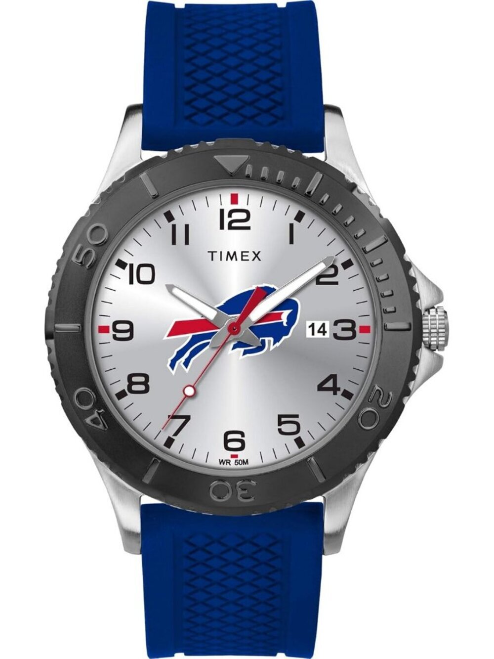 Mens Silver Blue Rubber Band Analog NFL Gamer Buffalo Bills Luminant Round Watch